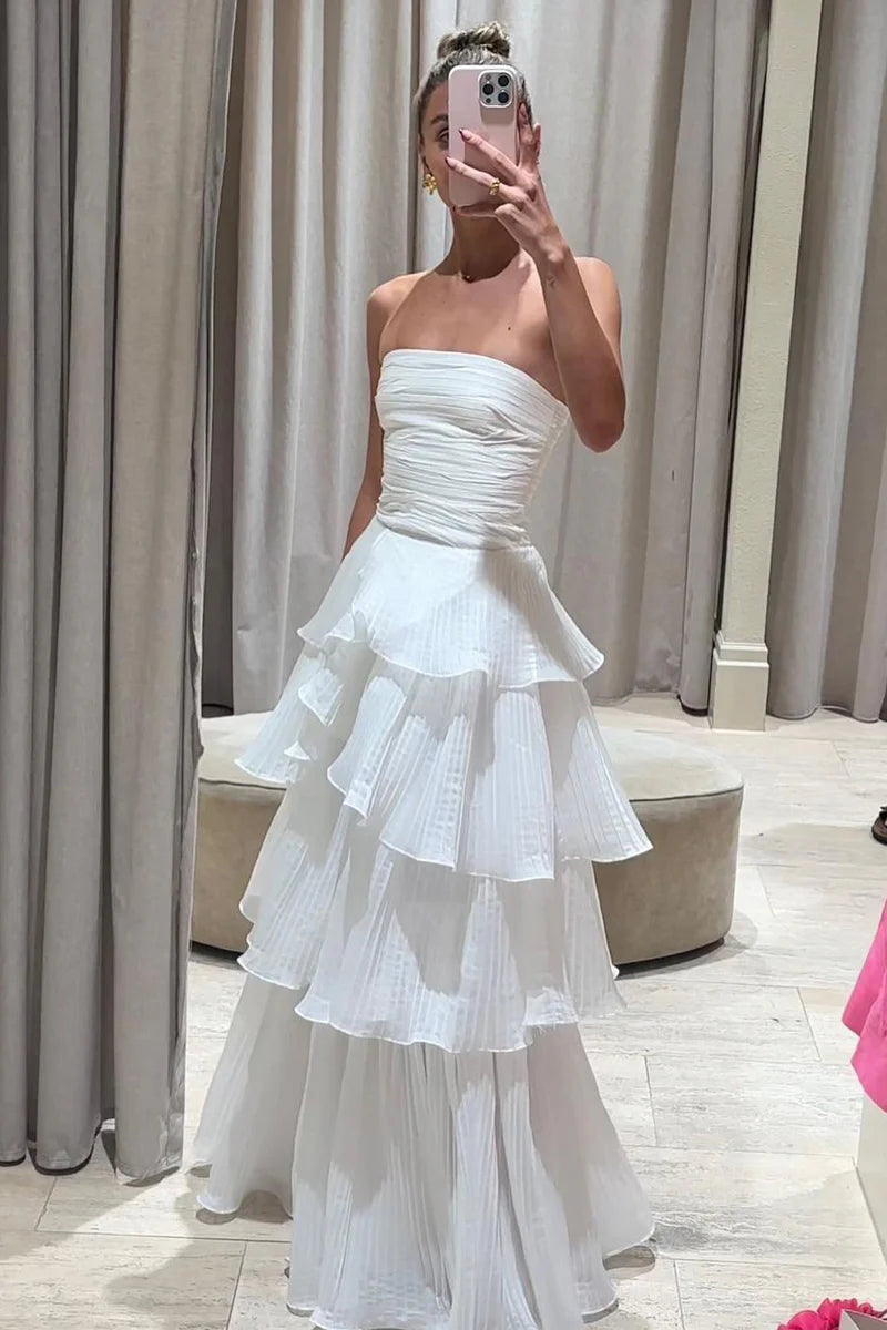 White Long Prom Dress Cute A-Line Srapless Tiered Wedding Dresses