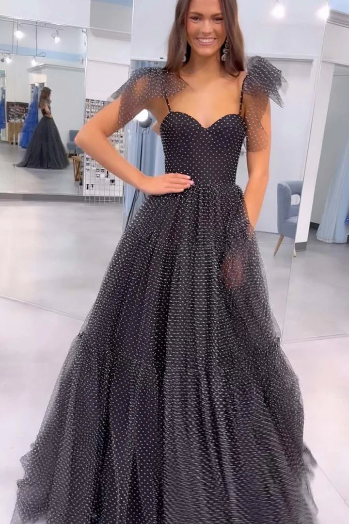 A-Line Princess Tulle Sweetheart Black Polka Dot Prom Dress