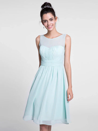 A-Line Bridesmaid Dress Scoop Neck Sleeveless Knee Length Chiffon with Ruched / Draping