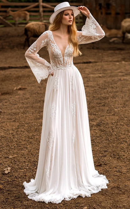 A-Line Boho Lace Wedding Dress with Sleeves Plunging Neckline Sweep Train