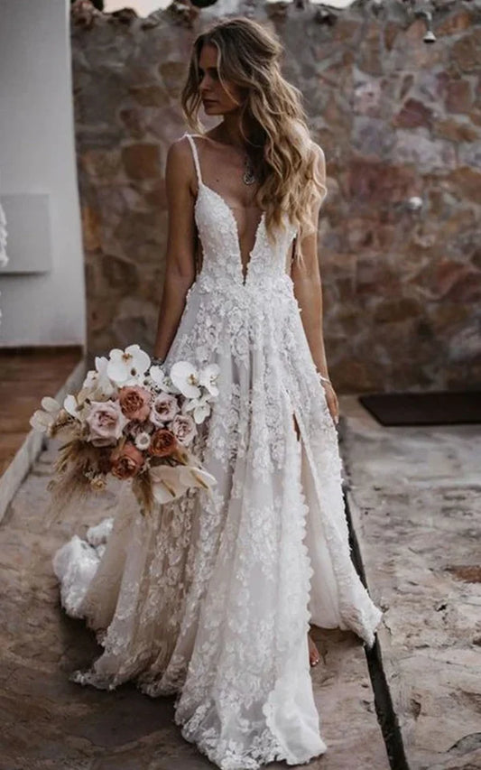 Boho A-Line Lace Tulle Sleeveless Wedding Dress with Split Front Floral Country Garden Court Train Bridal Gown