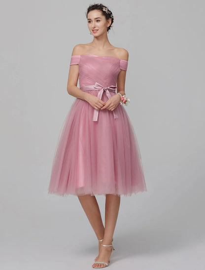 A-Line Off Shoulder Knee Length Tulle Bridesmaid Dress with Sash / Ribbon / Side Draping