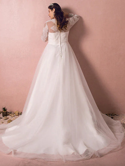 Hall Sparkle & Shine Wedding Dresses Court Train A-Line Long Sleeve Illusion Neck Satin With Buttons Ruched