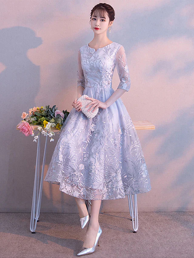 A-Line Elegant Cocktail Party Prom Dress Jewel Neck 3/4 Length Sleeve Tea Length Lace with Lace Insert Pattern / Print Appliques