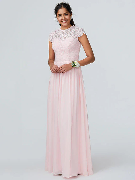 A-Line Bridesmaid Dress Jewel Neck Sleeveless Elegant Floor Length Chiffon with Lace / Sparkle & Shine