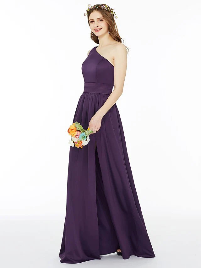 Ball Gown / A-Line Bridesmaid Dress One Shoulder Sleeveless Floor Length Chiffon with Sash / Ribbon / Pleats / Split Front