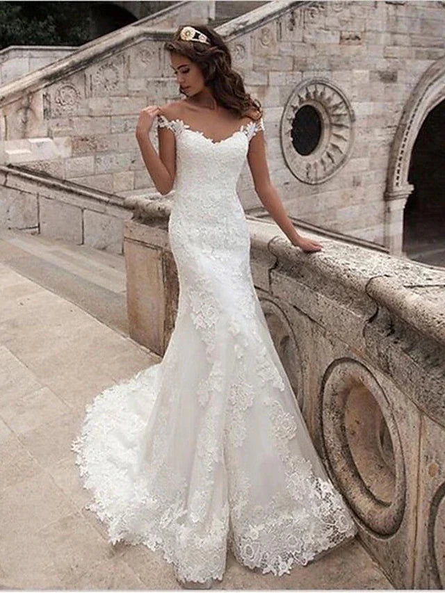 Engagement Open Back Formal Wedding Dresses Court Train Mermaid / Trumpet Cap Sleeve Off Shoulder Lace With Appliques