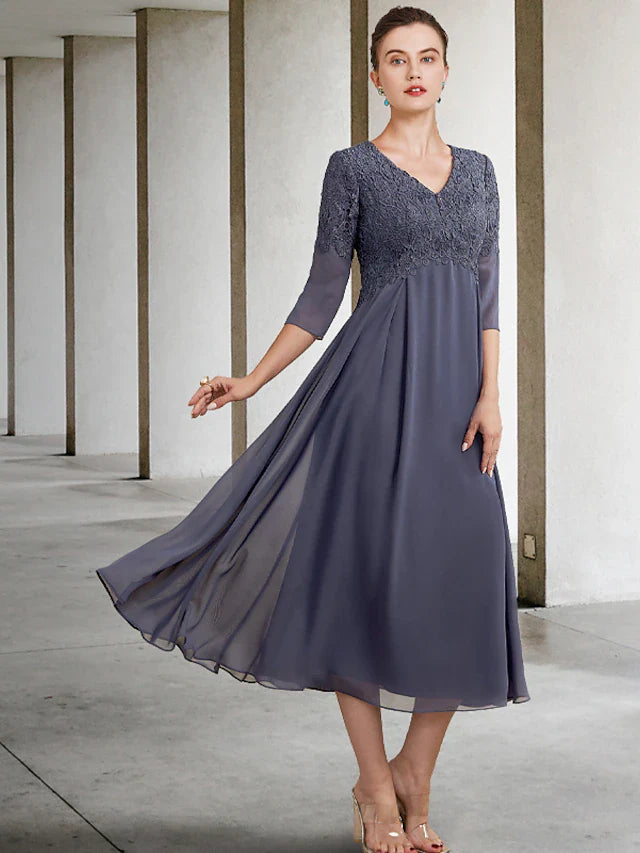 A-Line Mother of the Bride Dress Plus Size Elegant V Neck Tea Length Chiffon Lace 3/4 Length Sleeve with Ruffles Appliques