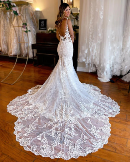 Charming Mermaid Lace Wedding Dresses with Appliques