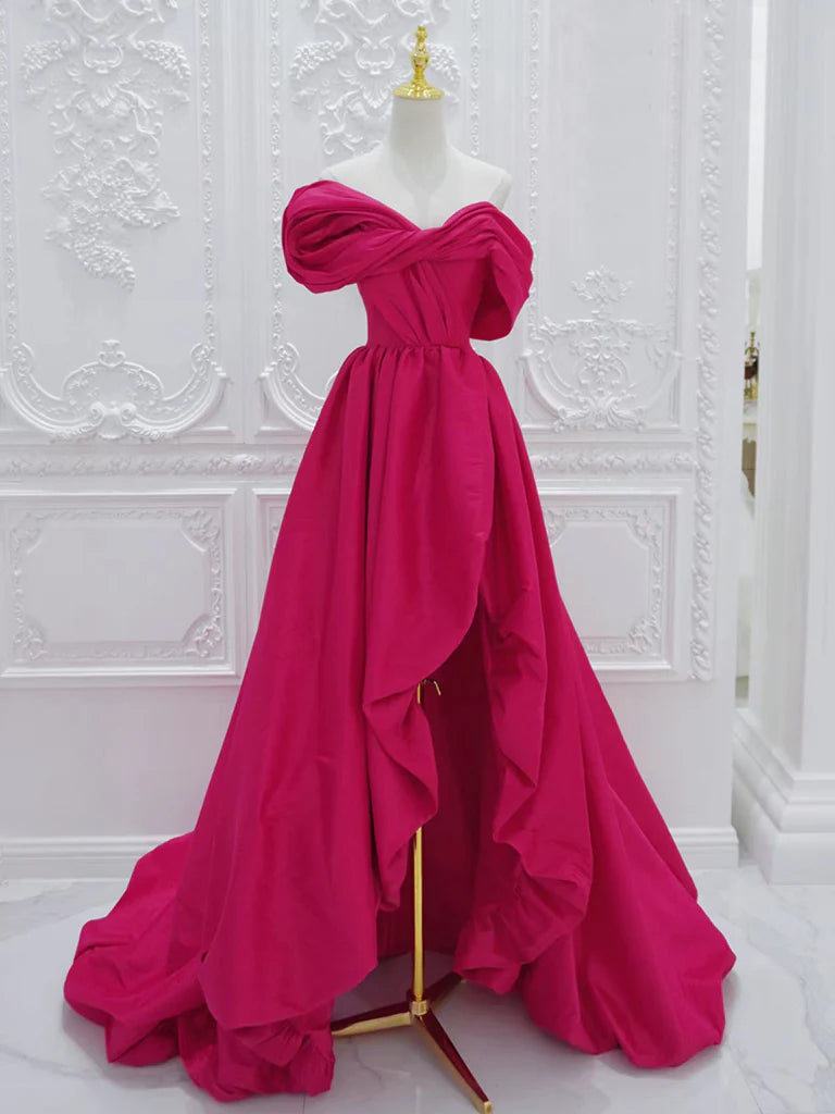 A-Line Off Shoulder Satin Rose Red Long Prom Dress Evening Dress