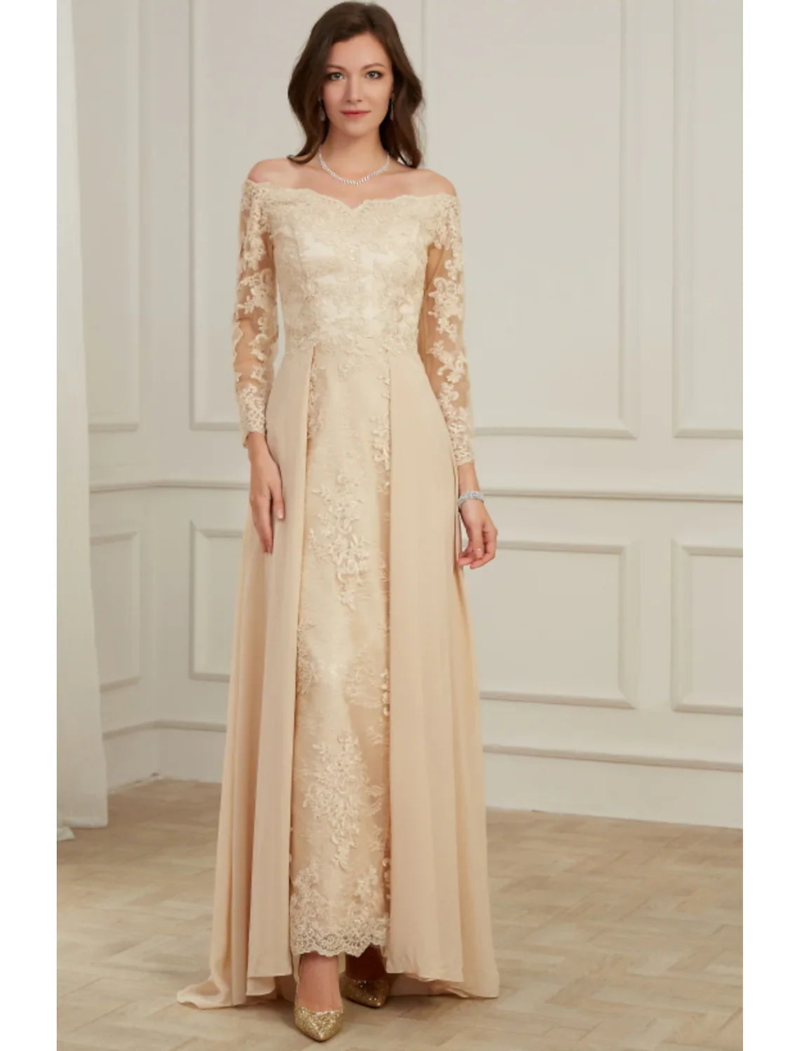 A-Line Evening Gown Elegant Dress Wedding Guest Floor Length Long Sleeve Off Shoulder Polyester with Overskirt Appliques