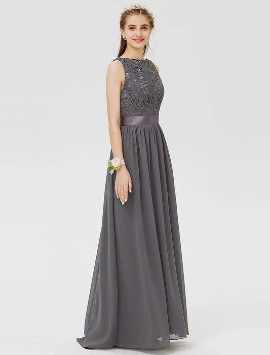 Sheath / Column Bateau Floor Length Chiffon / Floral Lace Bridesmaid Dress with Lace / Sash / Ribbon / Pleats