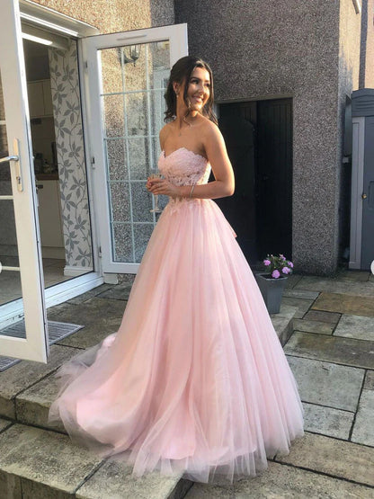 A-Line Sweetheart Neck Tulle Formal Evening Dress Lace Long Prom Dress