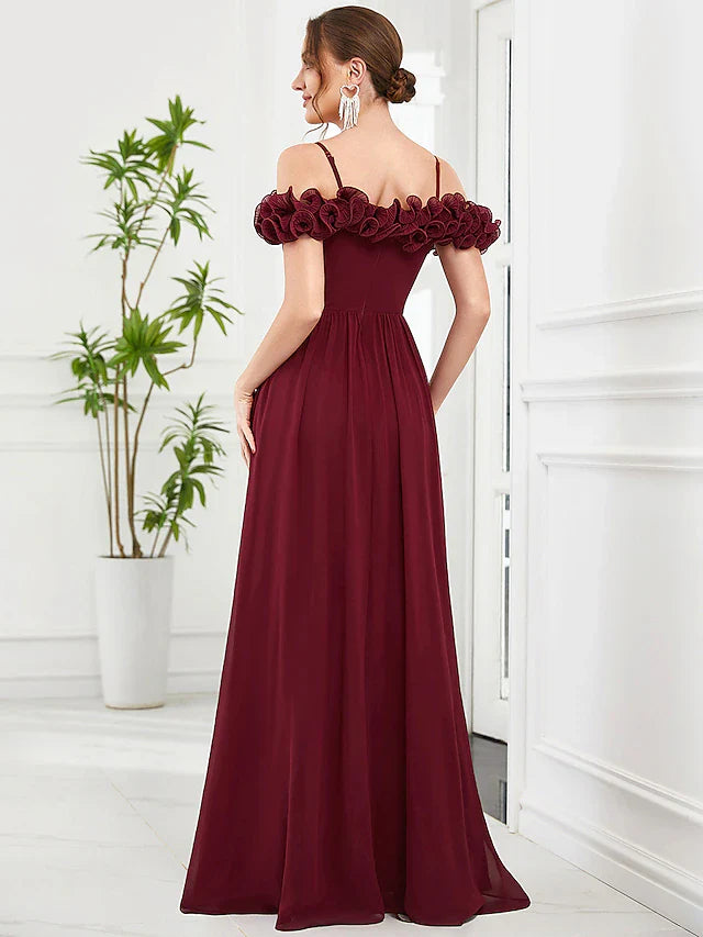 A-Line Prom Dresses Vintage Dress Wedding Guest Floor Length Sleeveless Off Shoulder Chiffon with Appliques Shouder Flower