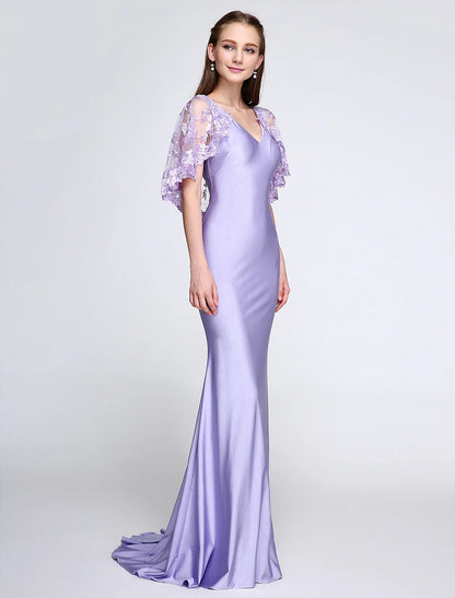 Mermaid / Trumpet Bridesmaid Dress V Neck Sleeveless Wrap Included Sweep / Brush Train Jersey with Lace