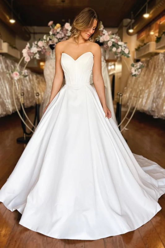 A-Line Strapless White Satin Wedding Dresses with Pockets