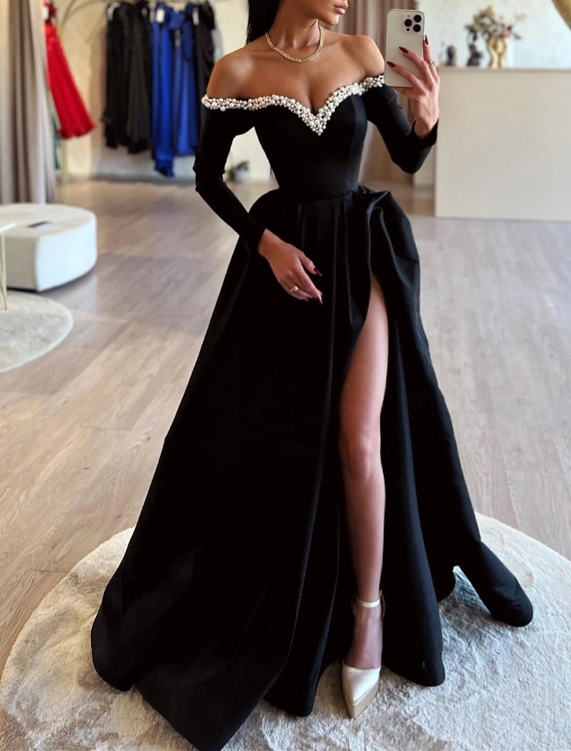 A-Line Evening Gown Black Dress Sweep / Brush Train Long Sleeve Off Shoulder Satin with Pearls Slit