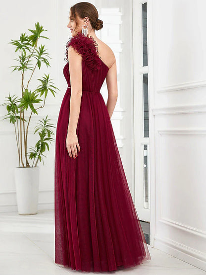 A-Line Prom Dresses Vintage Dress Wedding Party Floor Length Sleeveless One Shoulder Tulle with Appliques