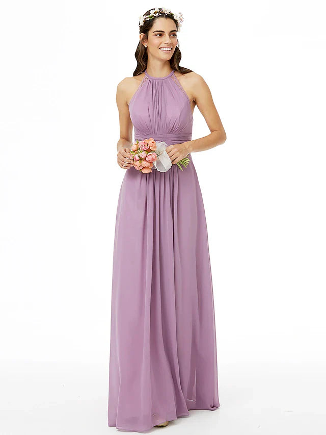 Sheath / Column Bridesmaid Dress Jewel Neck Sleeveless Beautiful Back Floor Length Chiffon with Lace / Sash / Ribbon / Pleats