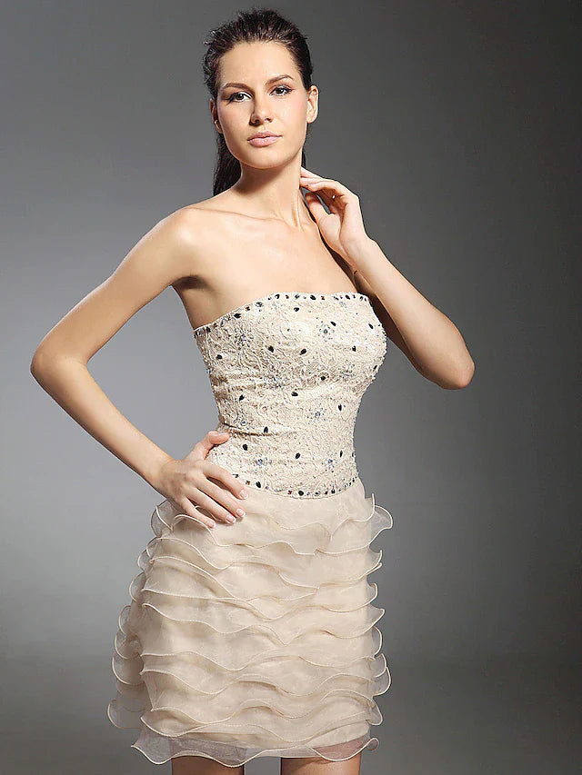 Sheath / Column Dress Holiday Short / Mini Sleeveless Strapless Lace with Lace Beading