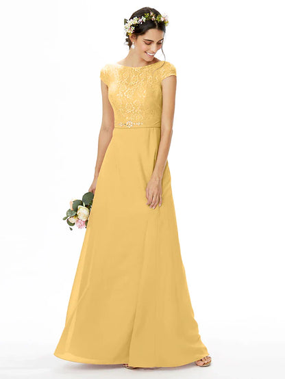 Sheath / Column Bridesmaid Dress Bateau Neck Short Sleeve Elegant Floor Length Chiffon / Lace with Lace / Sash / Ribbon / Bow(s)