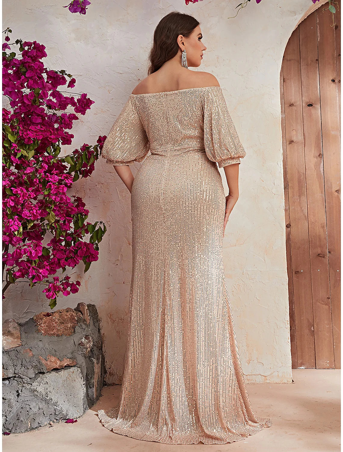 A-Line Wedding Guest Dresses Sparkle & Shine Dress Formal Sweep / Brush Train Half Sleeve Off Shoulder Polyester with Beading