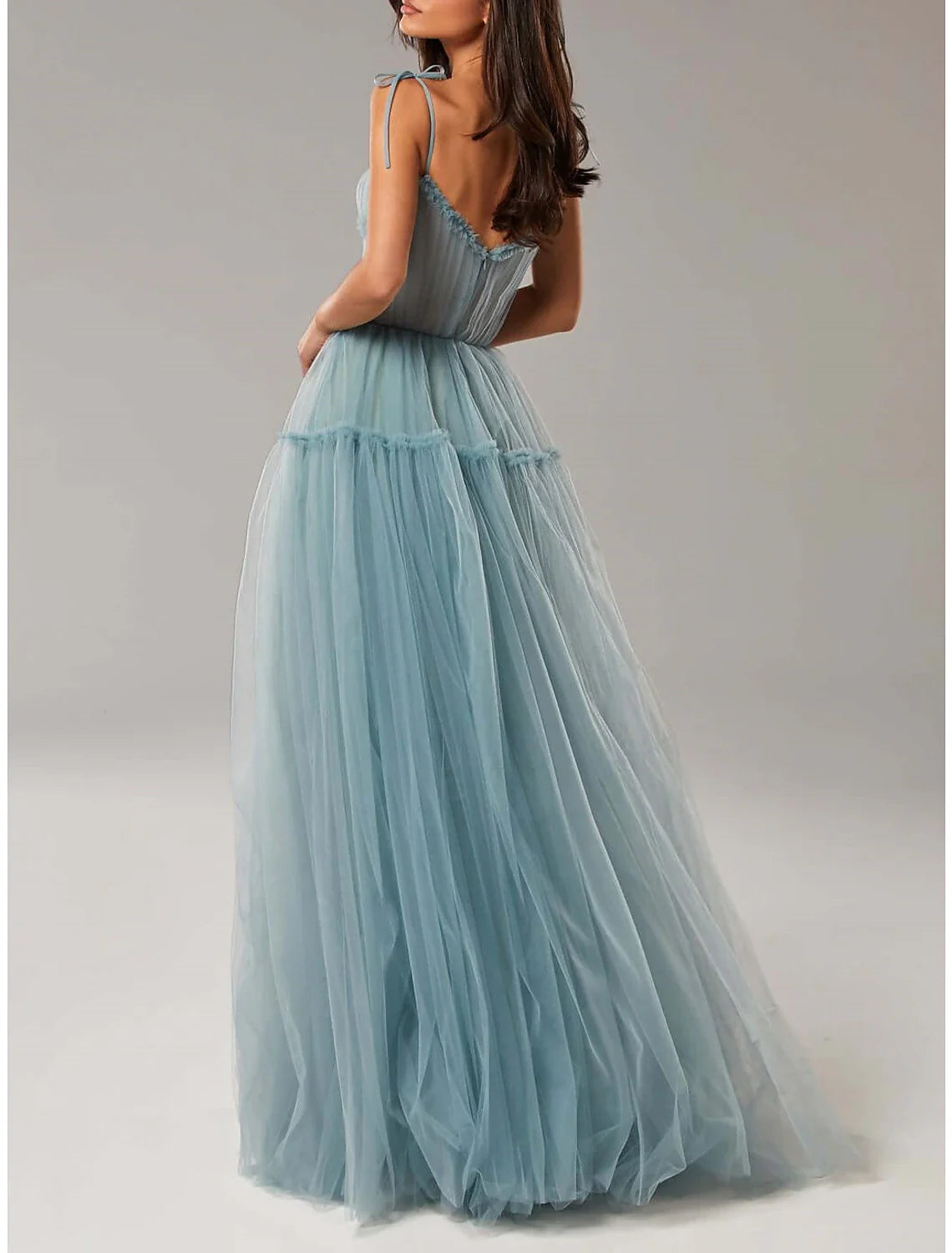 A-Line Prom Dresses Elegant Dress Wedding Guest Floor Length Sleeveless Spaghetti Strap Tulle with Pleats Ruffles