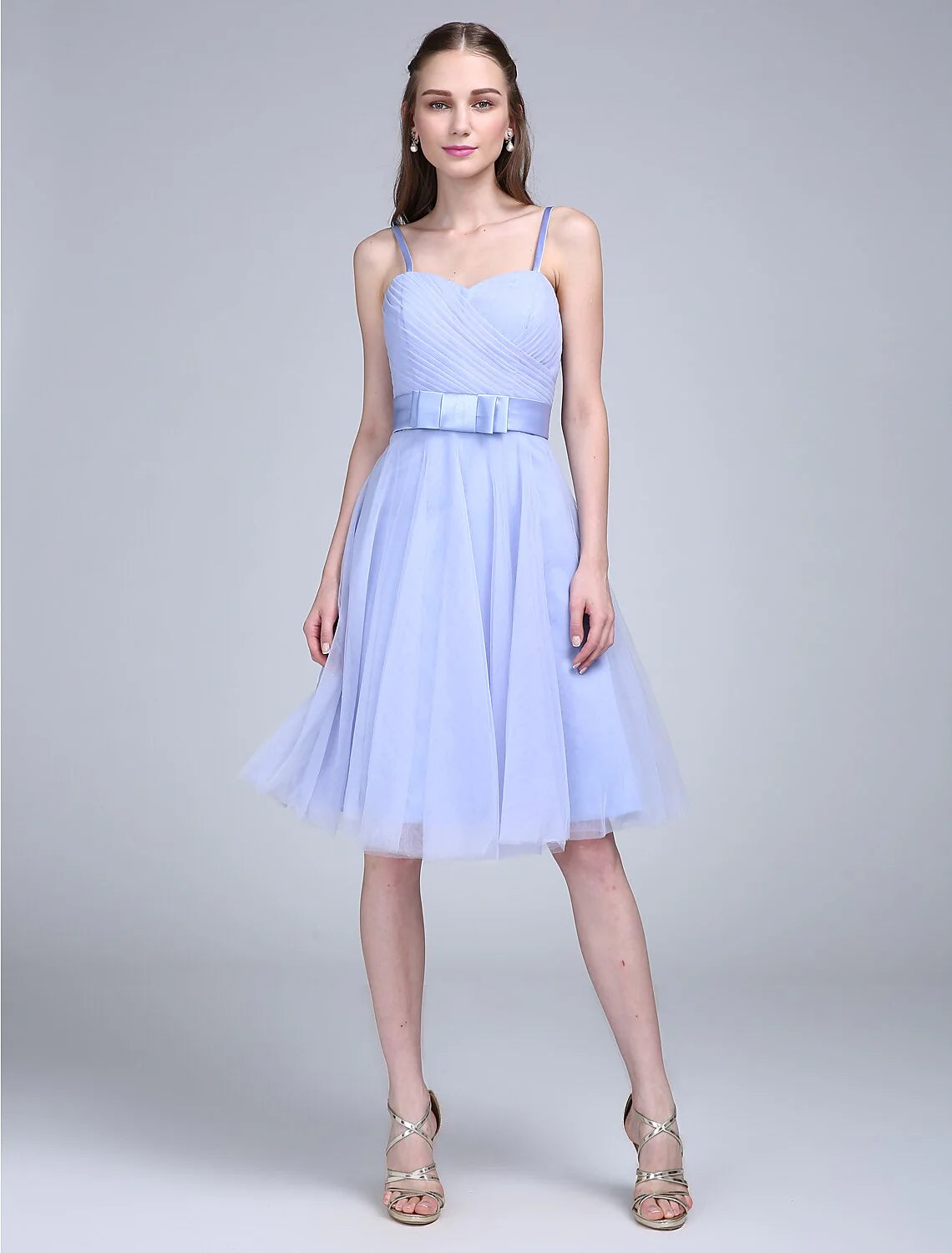 A-Line Bridesmaid Dress Spaghetti Strap Sleeveless Knee Length Tulle with Bow(s) / Criss Cross