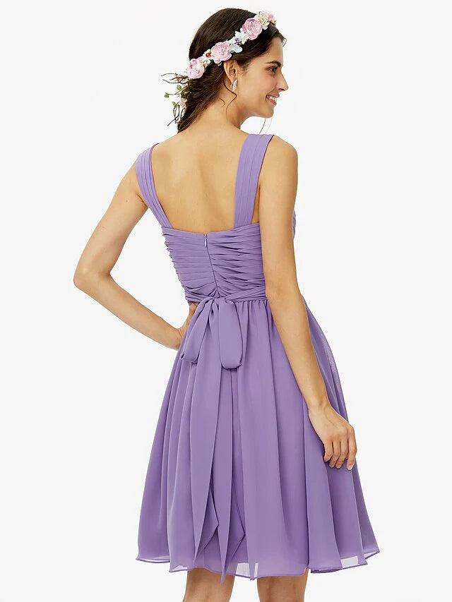 A-Line Bridesmaid Dress Straps Sleeveless Open Back Knee Length Chiffon with Sash / Ribbon / Bow(s) / Criss Cross