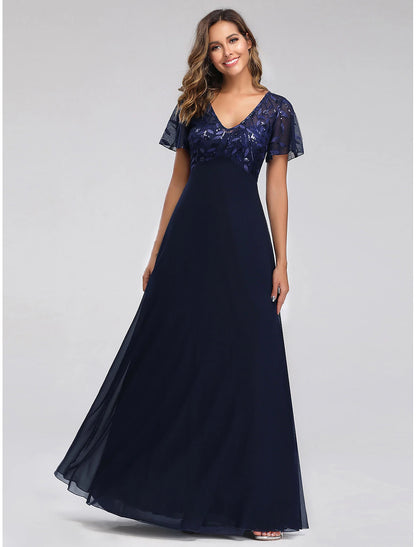 A-Line Wedding Guest Dresses Fall Floor Length Short Sleeve V Neck Bridesmaid Dress Tulle with Sequin Applique