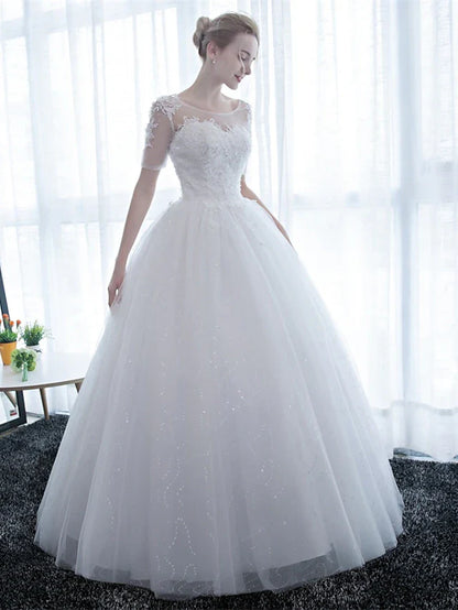 Engagement Formal Wedding Dresses Floor Length Ball Gown Half Sleeve Illusion Neck Satin With Lace