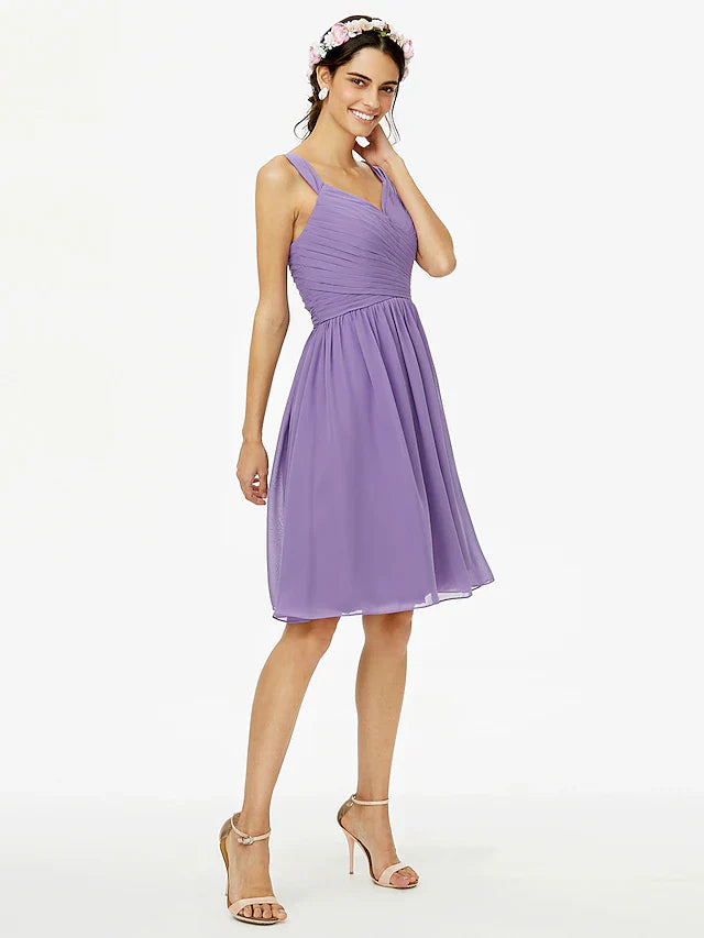 A-Line Bridesmaid Dress Straps Sleeveless Open Back Knee Length Chiffon with Sash / Ribbon / Bow(s) / Criss Cross