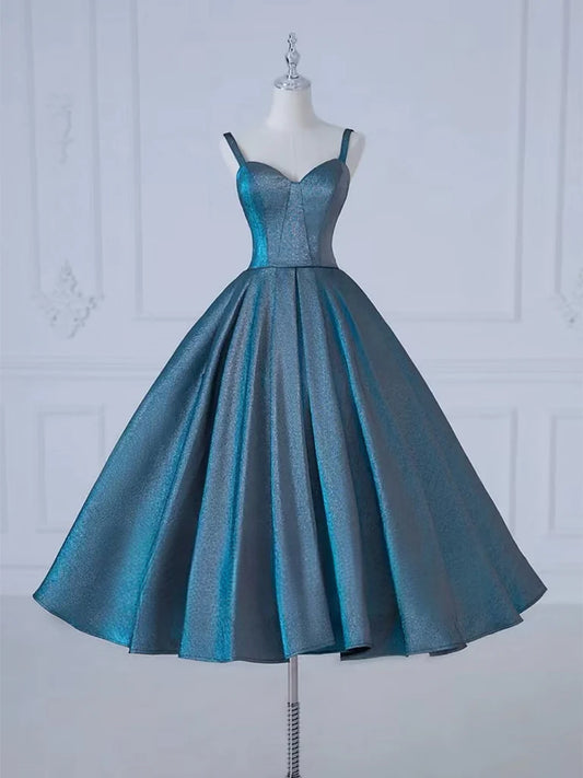 A-Line Sweetheart Neck Satin Tea Length Blue Prom Dress Formal Dress