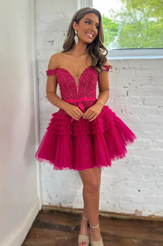 Princess Off the Shoulder Fuchsia Short Homecoming Dress with Ruffles