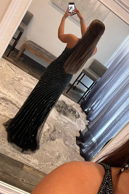 Sparkly Black One-shoulder Sequins Waist Cut-Out Prom Dress with Slit