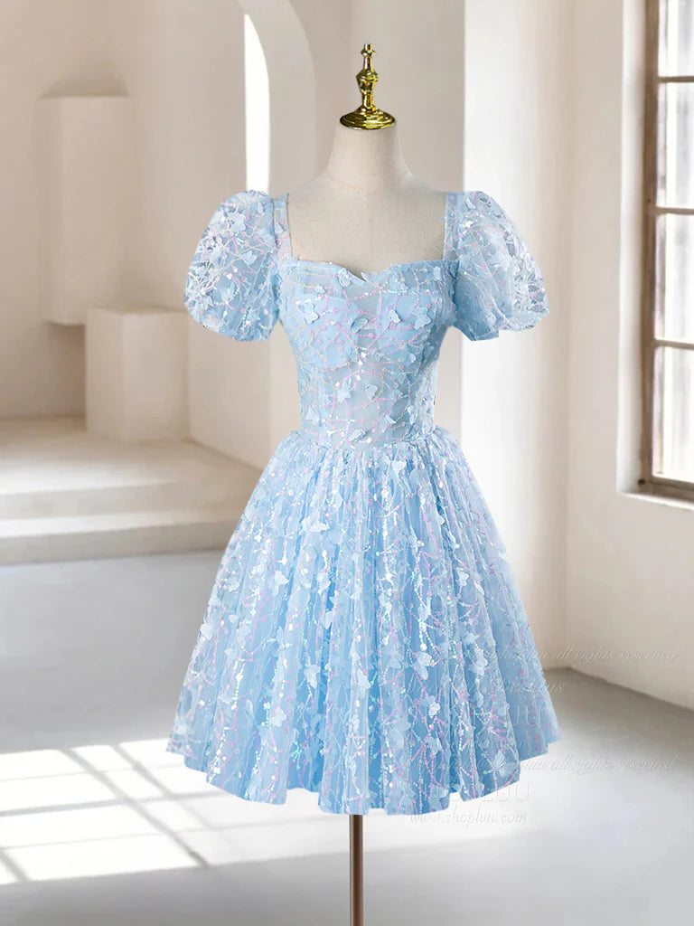 A-Line Puff Sleeves Tulle Lace Blue Short 3D Butterfly Prom Dress Homecoming Dress