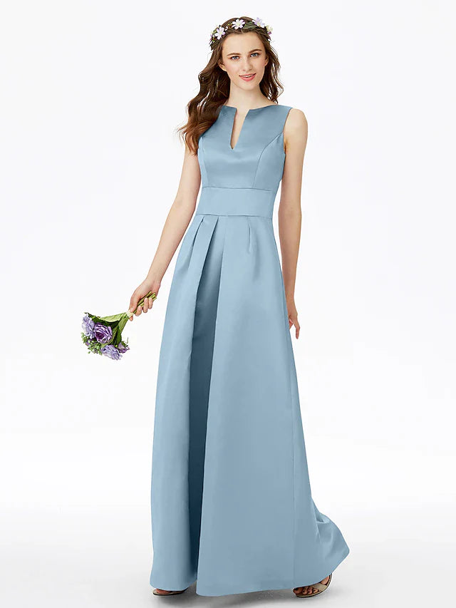 A-Line Bridesmaid Dress Notched Sleeveless Elegant Floor Length Satin with Pleats / Pocket