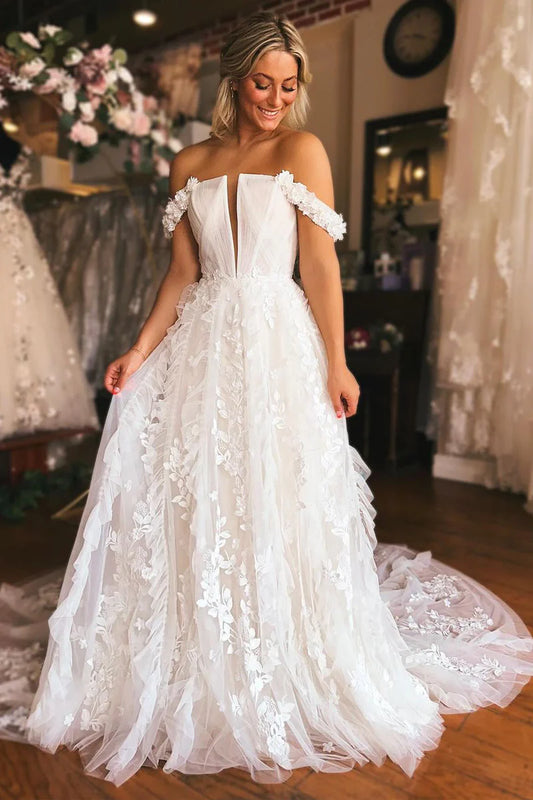 A-Line Off the Shoulder White Tulle Wedding Dresses with Appliques