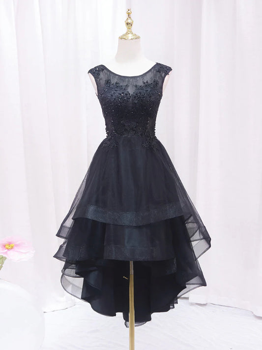 A-Line Lace Tulle Black High Low Cocktail Dress Homecoming Dress