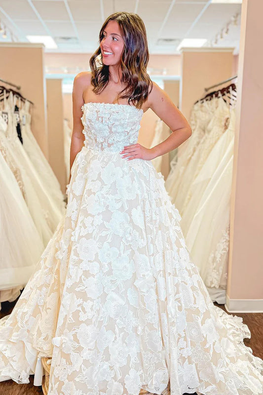 A-Line Strapless Floral Lace Wedding Dresses