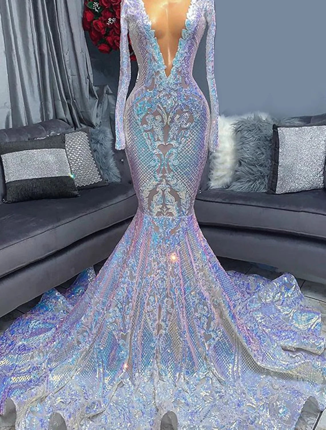 Mermaid / Trumpet Evening Gown Floral Dress Formal Chapel Train Long Sleeve V Neck African American Sequined with Sequin