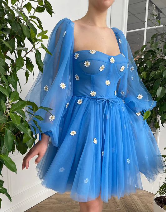 Cute A-Line Tulle Blue Short Party Dress Homecoming Dress