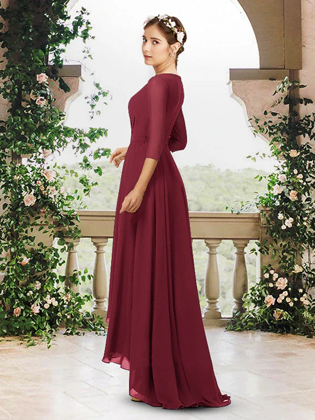 A-Line Bridesmaid Dress V Neck 3/4 Length Sleeve Elegant Sweep / Brush Train / Asymmetrical Chiffon with Pleats