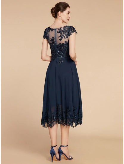 A-Line Mother of the Bride Dress Wedding Guest Elegant Petite Scoop Neck Tea Length Chiffon Lace Cap Sleeve with Sequin Ruching Solid Color