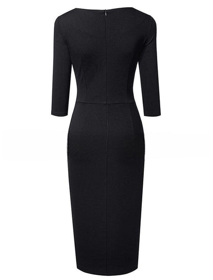 Party Dress Bodycon Cotton Ruched Crew Neck 3/4 Length Sleeve Midi Dress Office Vacation