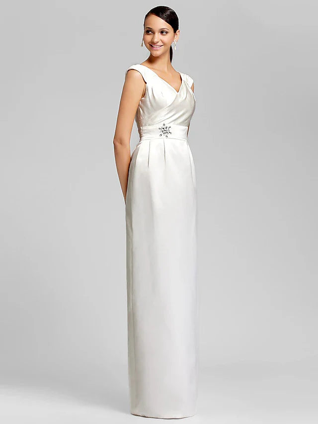 Sheath / Column Bridesmaid Dress V Neck Sleeveless Elegant Floor Length Satin with Sash / Ribbon / Beading