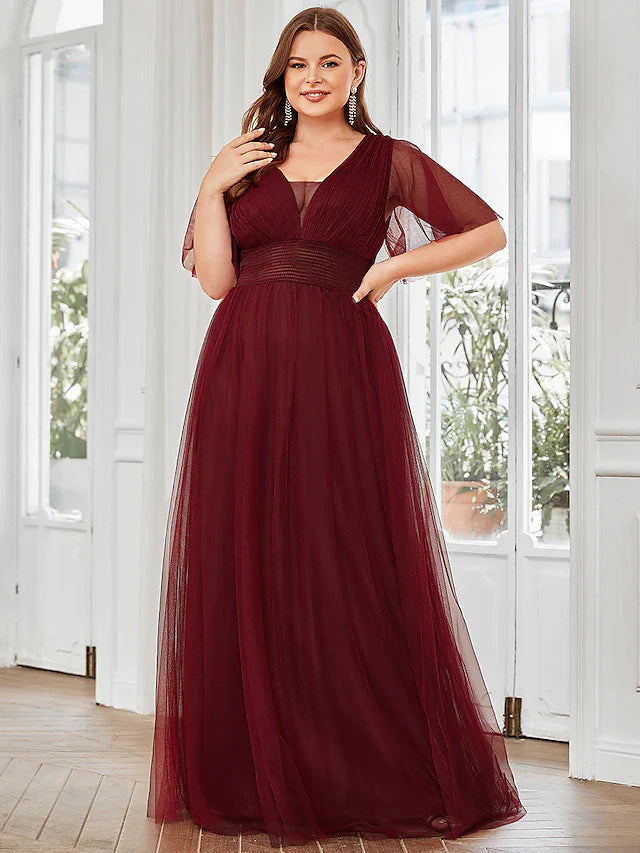 A-Line Bridesmaid Dress V Neck Short Sleeve Plus Size Floor Length Tulle with Ruffles / Draping / Tier