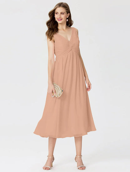 Ball Gown / A-Line V Neck Tea Length Chiffon Bridesmaid Dress with Criss Cross / Beading