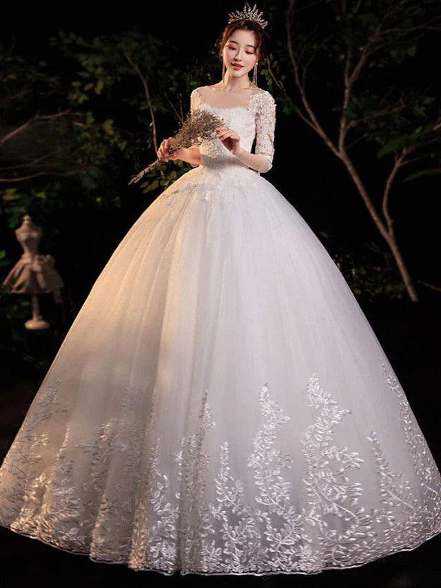 Engagement Formal Wedding Dresses Floor Length Ball Gown Half Sleeve Illusion Neck Lace With Appliques