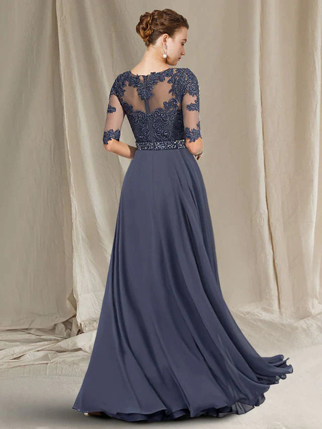 A-Line Mother of the Bride Dress Luxurious Elegant Jewel Neck Floor Length Chiffon Lace Tulle Half Sleeve with Crystals Appliques